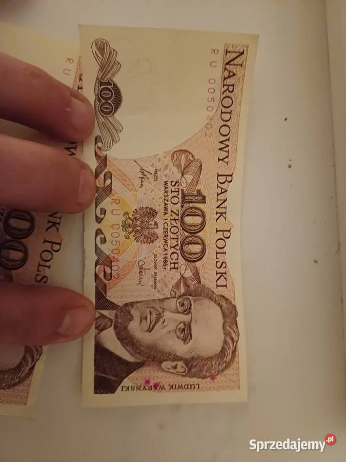 Dwa banknoty 100 złotowe z 1986 roku seria RU dolnośląskie Lubań