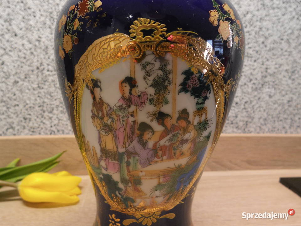 Wazon kobaltowy ręcznie zdobiony Porcelana i szkło Raszków