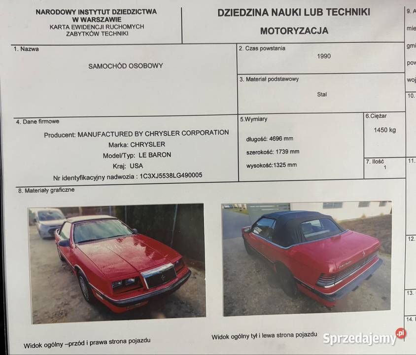 Chrysler Le Baron zarejestrowany na zabytek Rok produkcji 1990 Skała sprzedam