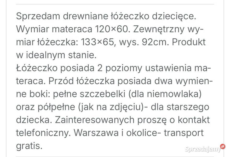 Sprzedam łóżeczko dziecięce stan idealny Warszawa