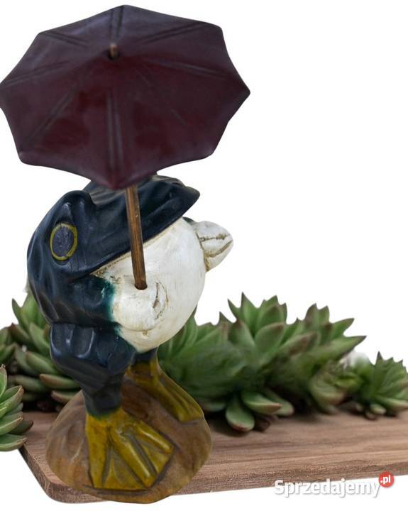 Vintage drewniana rzeźba żaba z parasolem 1828