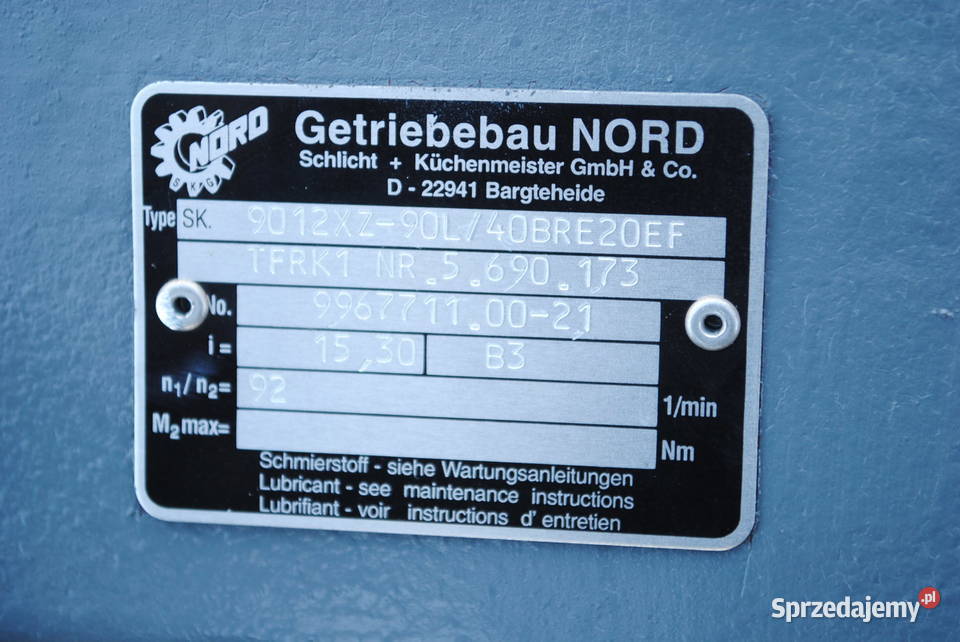 Motoreduktor kątowy 22kw 92obrmin Hamulec NORD lubuskie