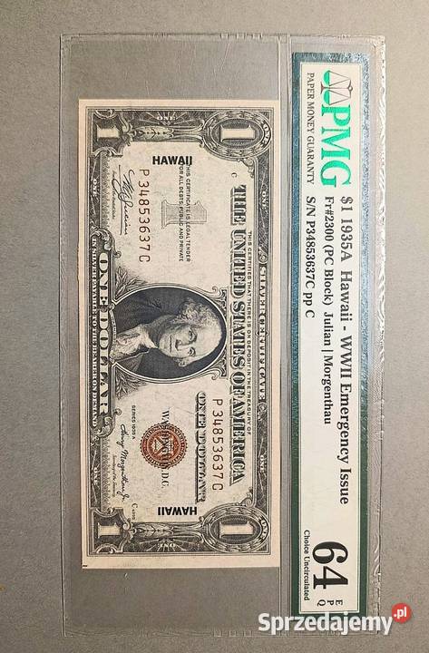 1 Dolar 1935 r HAWAII PMG 64 EPQ DWA NUMERY warmińsko-mazurskie