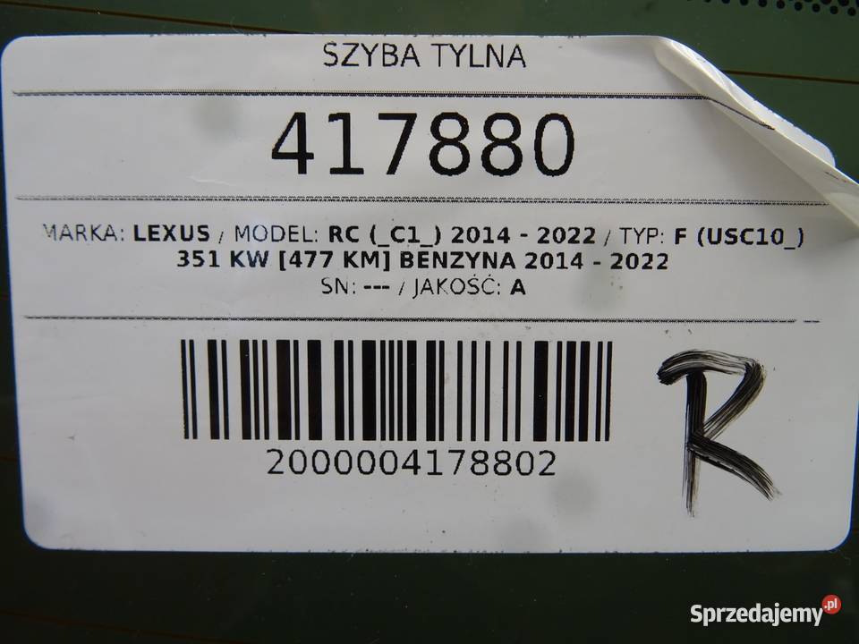 SZYBA TYLNA LEXUS RC SportowyCoupe TYLNA KLAPY osobowe