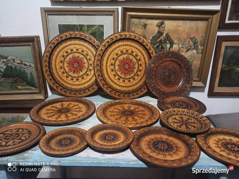 Drewniane talerze ozdobne wiszące kolekcja PRL