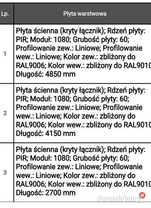 Płyty warstwowe pir 60 RAL 9006 kryty łącznik Leszno
