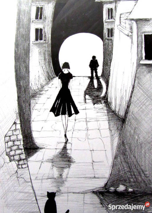 Klimatyczna grafika piórkiem Uliczka artystki A śląskie Katowice