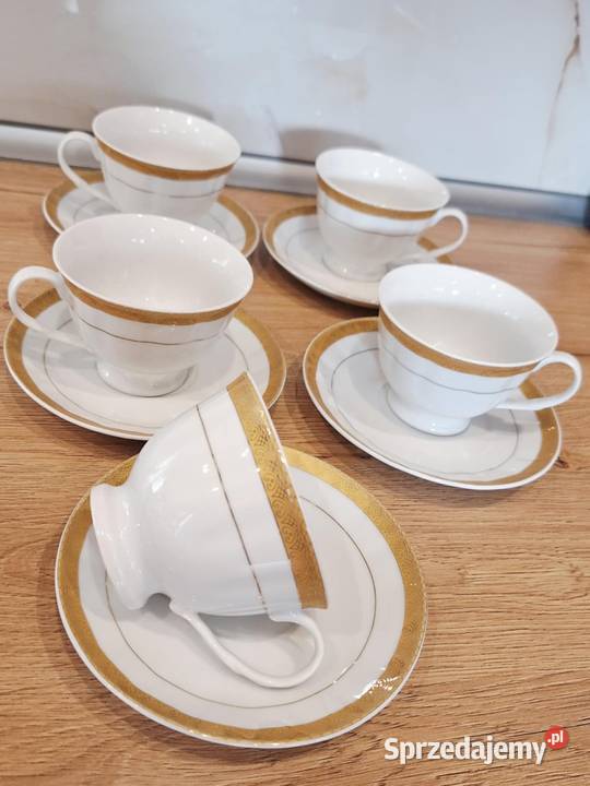 Zestaw 5 osob filiżanki porcelana 24 karaty gold Braniewo
