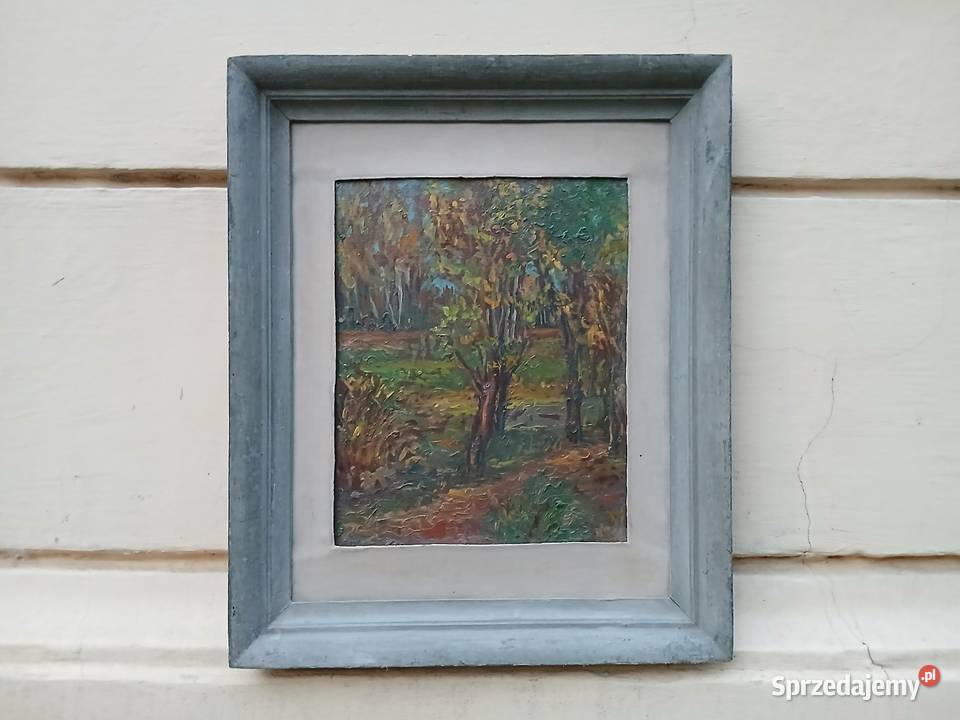 Stary obraz olejny drzewo sad las ZPAP 1953