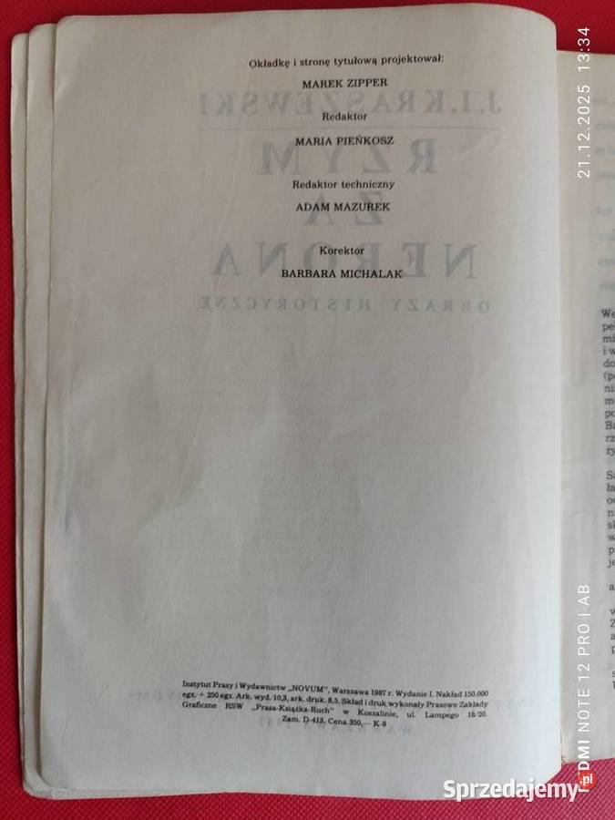 Rzym czasów Nerona J I Kraszewski wyd 1987 r Katowice sprzedam