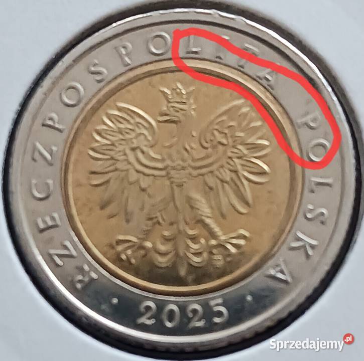 5 Złotych 2025 r 3 Błąd mennicy Konin