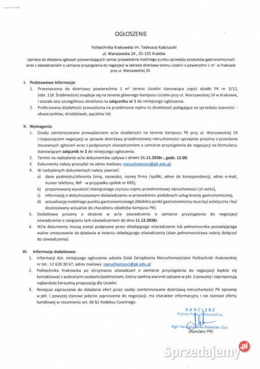 Ogłoszenie w zakresie możliwości dzierżawy Wynajem Kraków