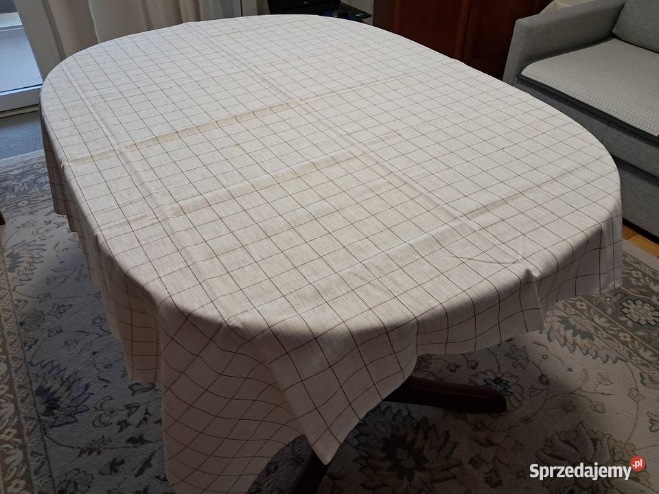 Obrus lniany biały w brązową kratkę 150 x 150 do Kraków sprzedam