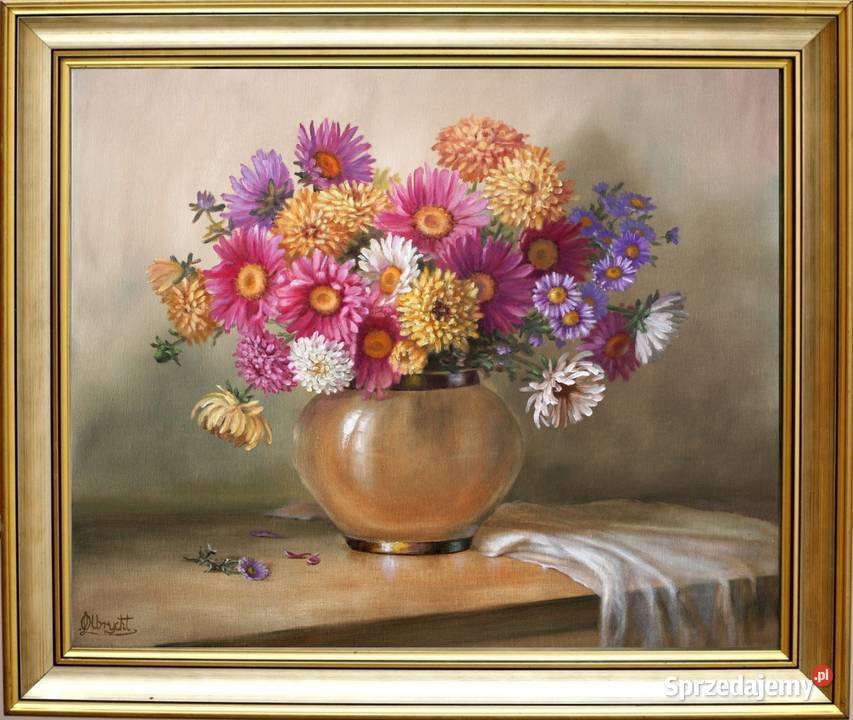 Astry w Wazonie ręcznie malowany olejny L Nowy Sącz sprzedam