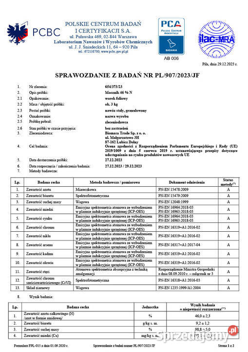 Mocznik 46N z Importubez inhibitora wyprzedaż Lubicz Dolny sprzedam