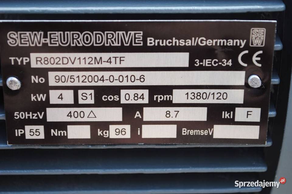 Motoreduktor 4kw 120obr Firmy SEW R802DV112M4TF Pozostałe Kargowa sprzedam