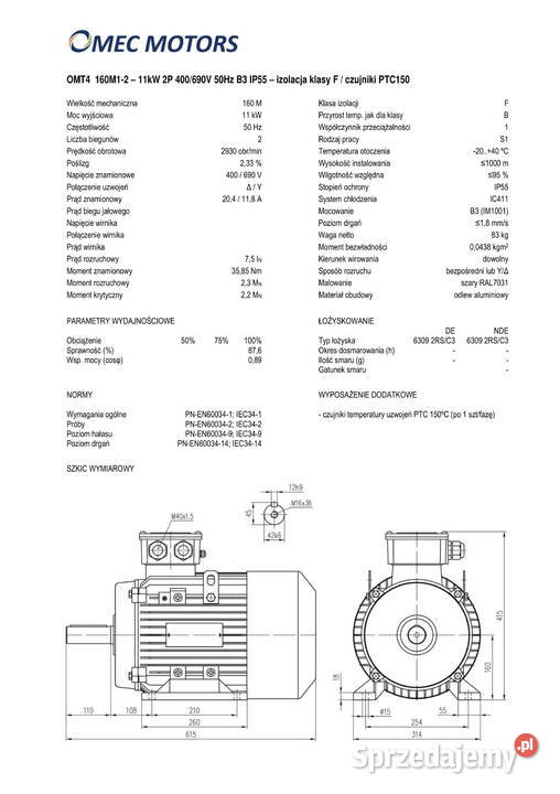 silnik elektryczny 11kW 2900obr 160B3 Pigża