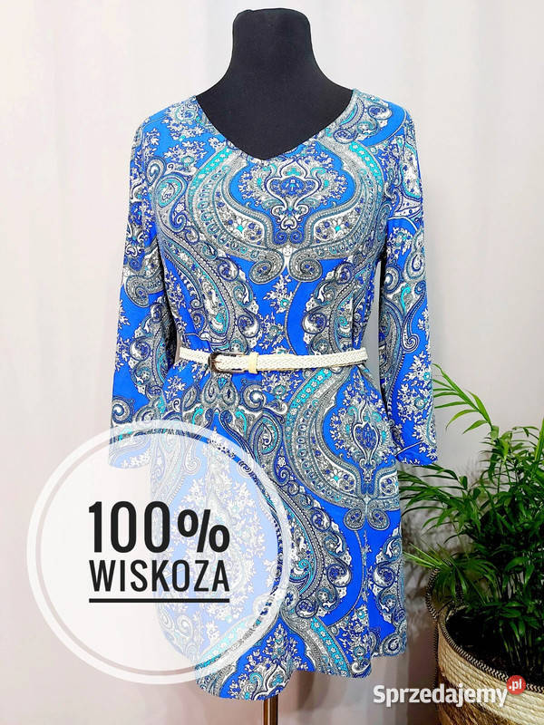 Niebieska sukienka trapezowa boho rękaw 34 do