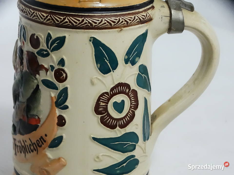 Zabytkowy niemiecki kufel ceramiczny z cynową Szklanki i kufle Biłgoraj