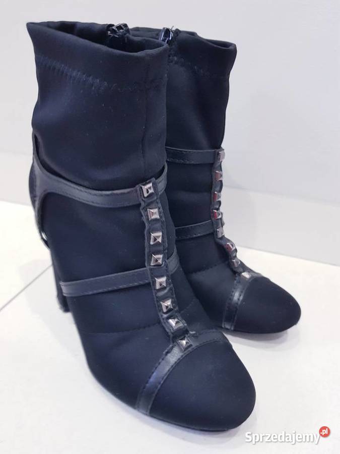 Damskie jesienne botki na słupku z ćwiekami tkanina śląskie Dąbrowa Górnicza
