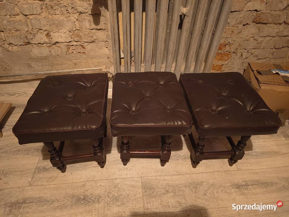 3 Taboret pufa krzesło z obiciem skórzanym PRL 31cm