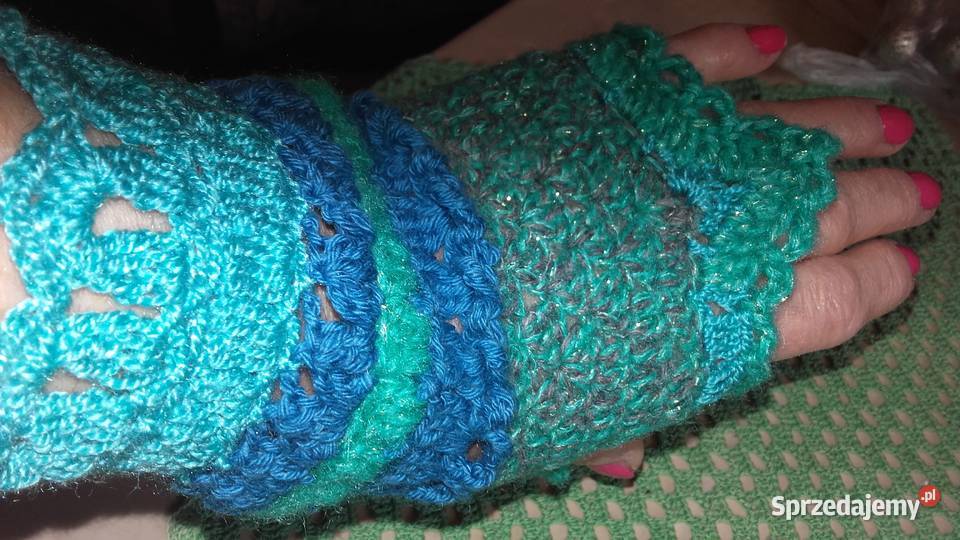 TURKUSOWA CZAPECZKA AŻUROWA MITENKI Piła
