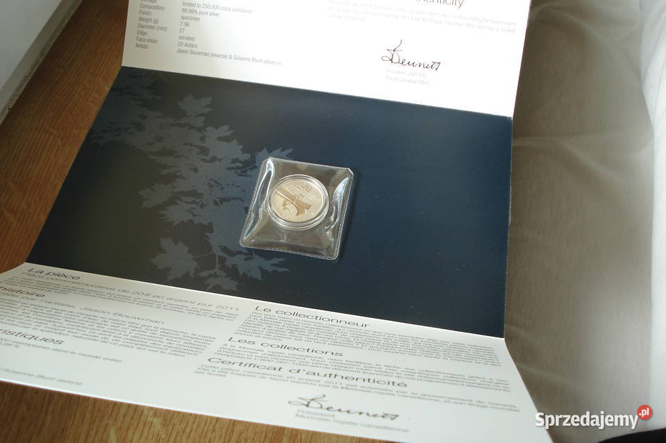 Srebrna moneta Kanada 20 dolarów Kanu 2011r Łódź