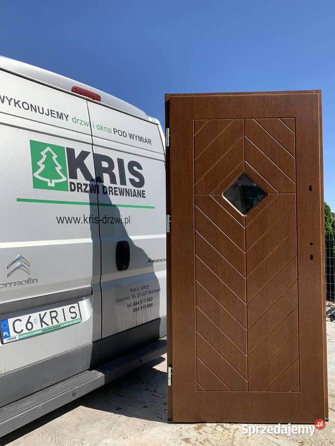 DRZWI ZEWNĘTRZNE GR 75MM DREWNIANE dąb ral 5010 Grzybno