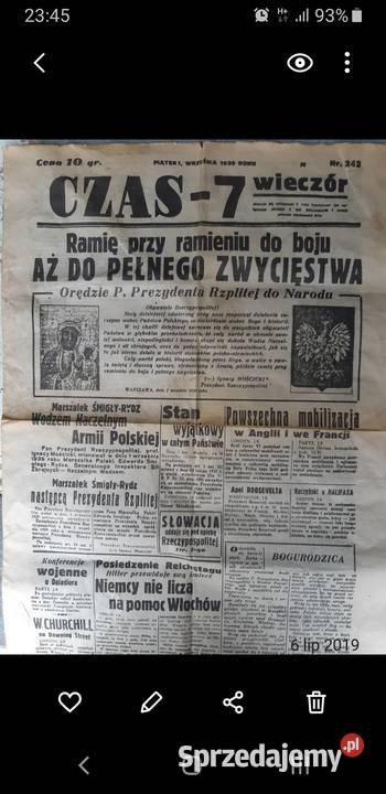 CZAS7 WIECZUR 1 września 1939 242 Antyki, Sztuka, Kolekcje Tarnobrzeg