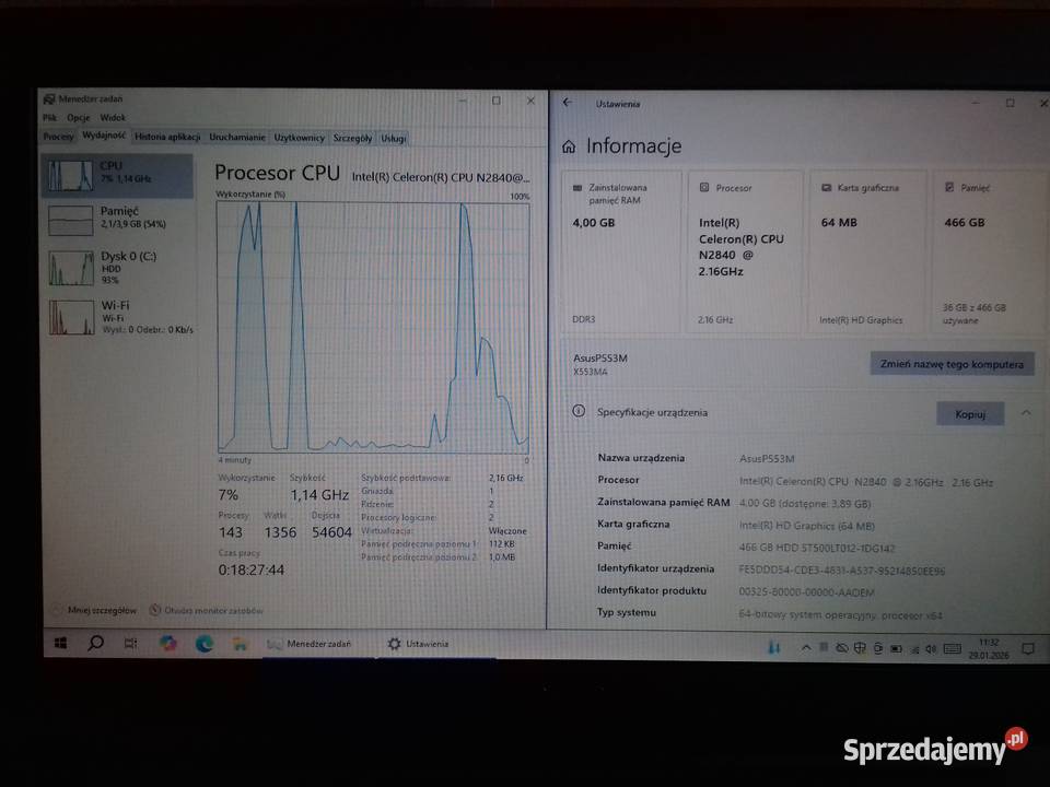 Laptop Asus P553M DDR3 4GB HDD 500GB Win10Home Bydgoszcz sprzedam