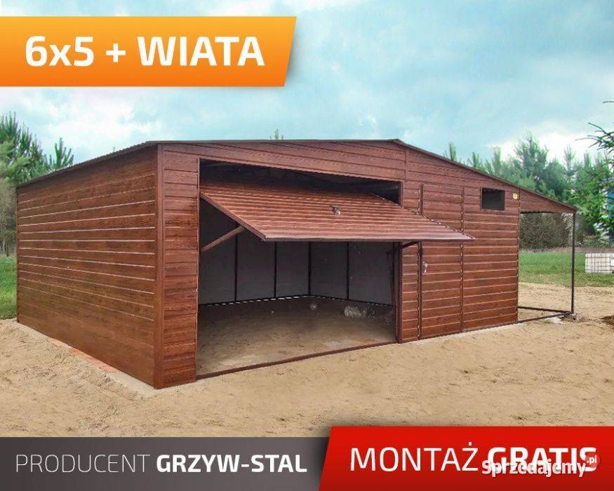 Garaż blaszany z boczną wiatą drewnopodobny–GrzywStal