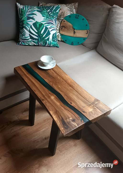 Stolik kawowy Ława Deska dębowa Zielona żywica 35cm Meble