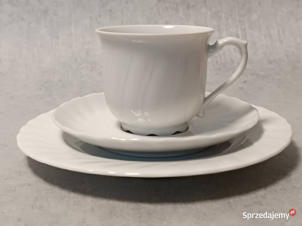 SELTMANN Weiden Białe Reliefowe Trio Śniadaniowe Porcelana i szkło Augustów