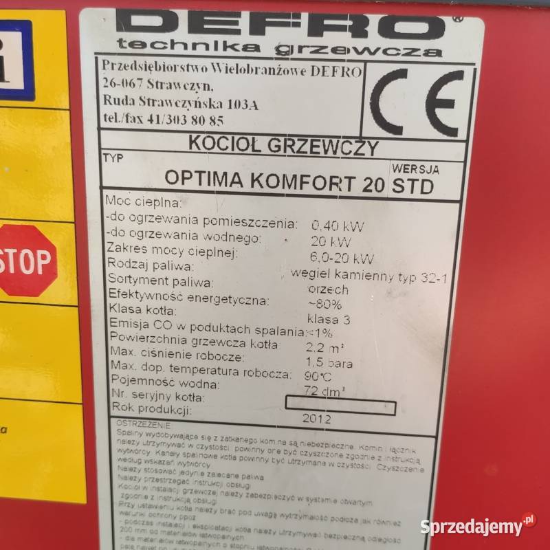 Piec Defro Optima Komfort 20 STD 20 kW 3 klasa Jasionów