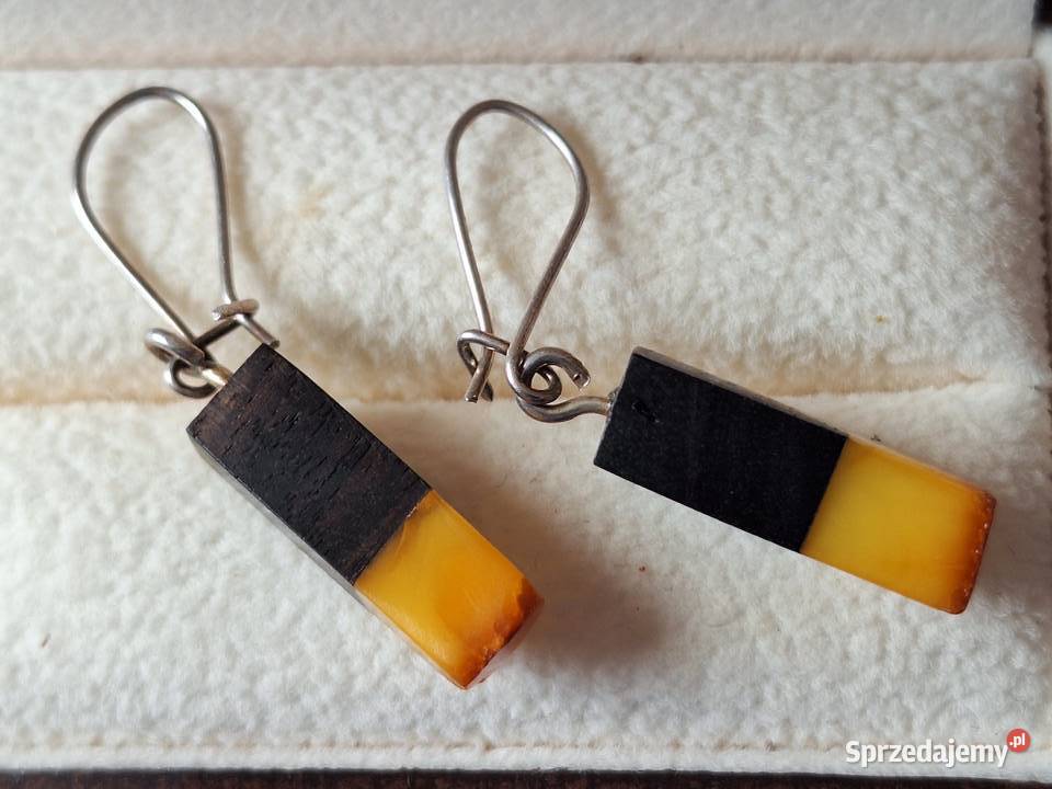 Kolczyki wiszące drewno bursztyn pomorskie Gdańsk