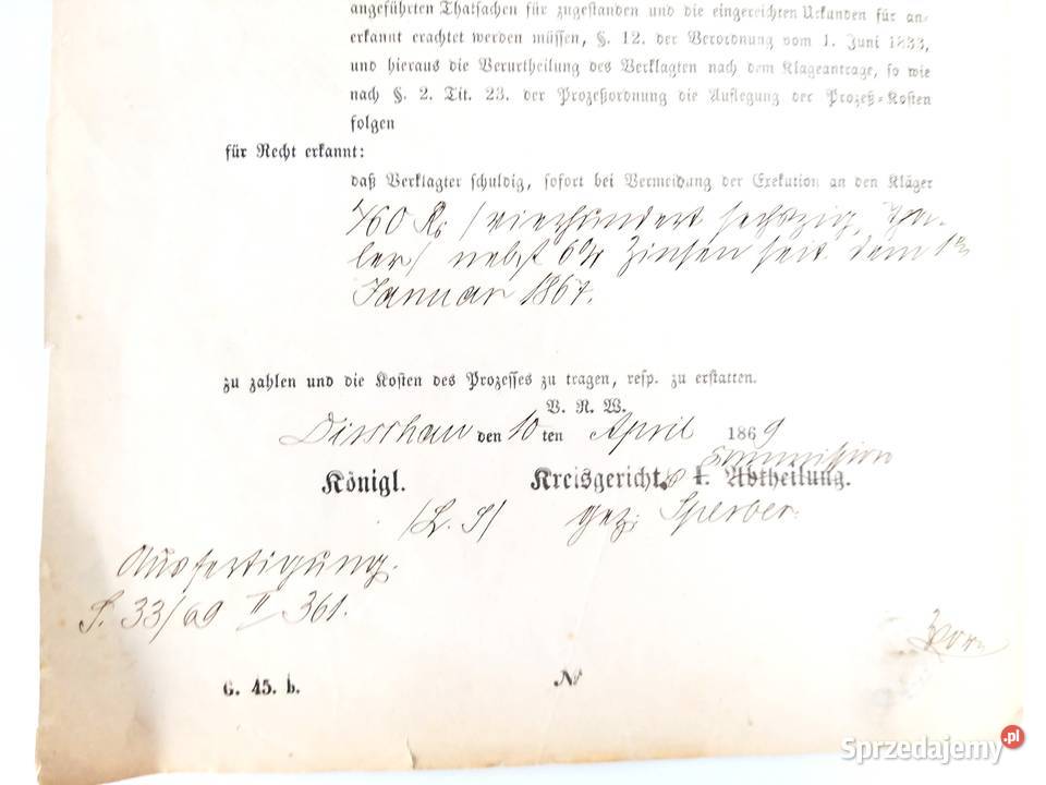 Dokument Sądowy z 1869r Królestwo Prus Bronisze