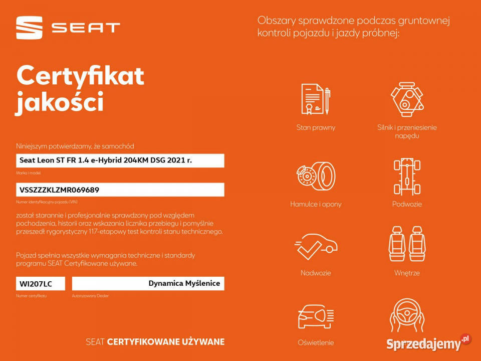 Seat Leon ST FR 14 eHybrid 204 DSG 2021 r salon łopatki zmiany biegów Myślenice sprzedam