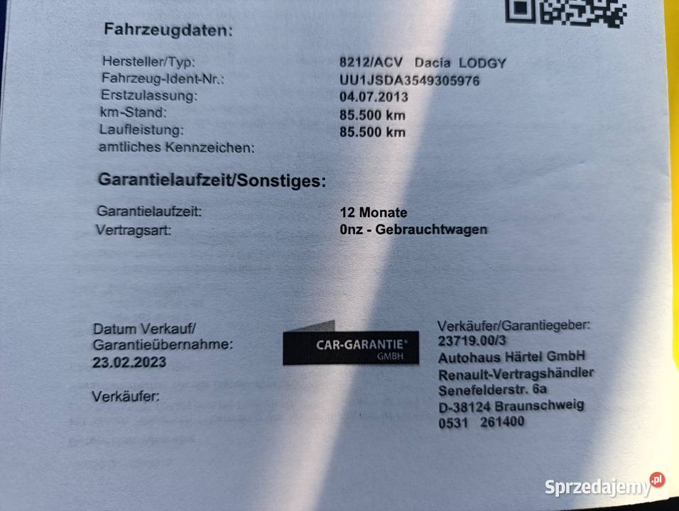 Dacia Lodgy 16 benzyna 2013r udok przebieg śląskie Lgota-Mokrzesz