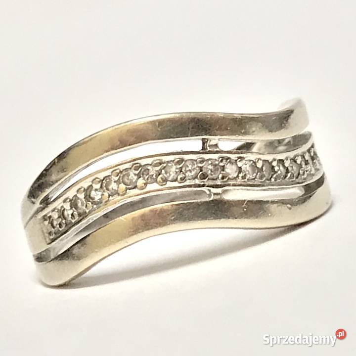 Złoty PIERŚCIONEK 14K BIAŁE złoto KAMIENIE cud Warszawa