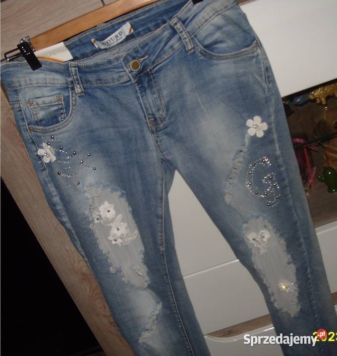 GOURD Nowe jeansy cyrkonie siatka dziury r30 SM niebieski wielkopolskie Rawicz