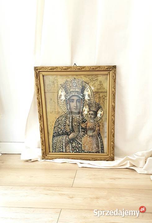 Stary duży obraz MB Częstochowskiej szkłem Antyki, Sztuka, Kolekcje
