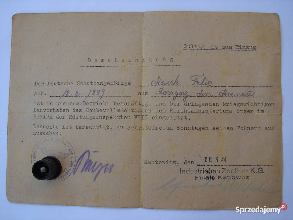 Krenau Chrzanów Felix Kazek zezwolenie na podróż Warszawa sprzedam
