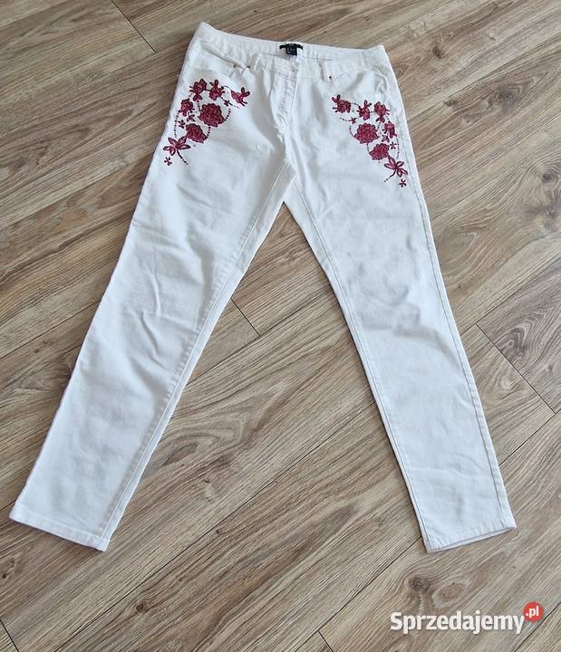 spodnie jeansy r 40 L białe HM z haftem kwiaty Spodnie Kraków sprzedam