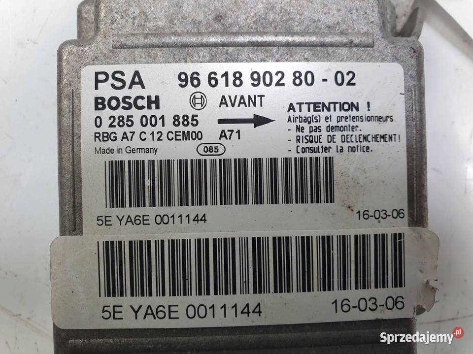 SENSOR AIRBAG PEUGEOT 207 0285001885 Części samochodowe Lipno