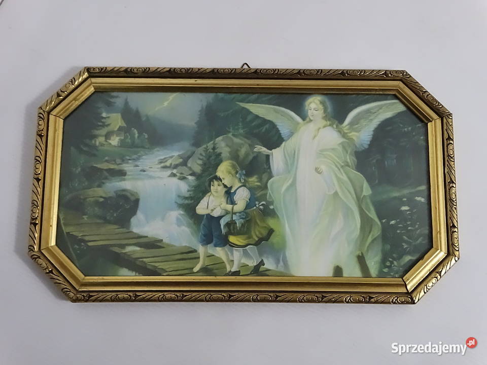 Klasyczny Obraz Anioł Stróż w złotej ramie 40x23 Obrazki i obrazy Biłgoraj