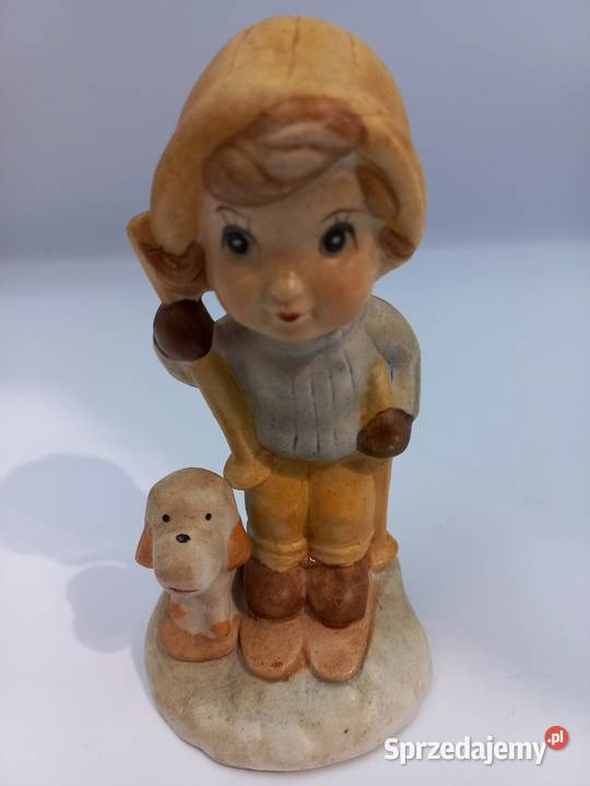 Angielska biskwitowa figurka dziecko i pies zimą