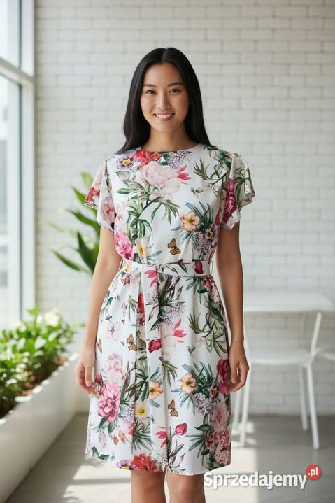 Sukienka damska elegancka kwiaty falbana wiązana Wieluń sprzedam