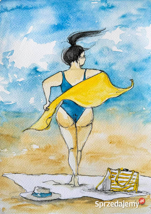 Body positive 2 akwarela kobieta plaża morze Obrazki i obrazy