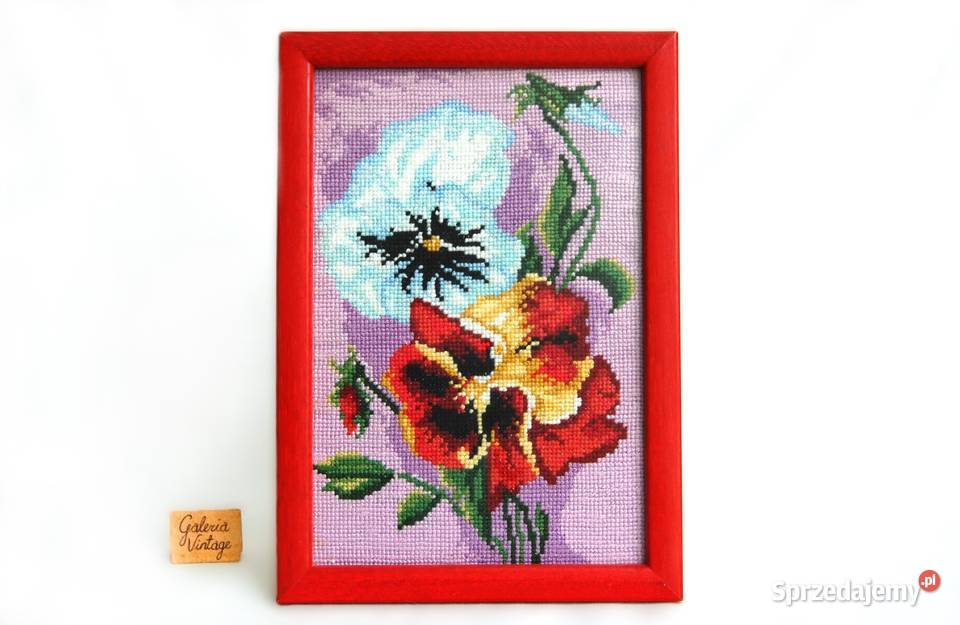 Bratki kwiaty obraz haftowany haft rękodzieło lubelskie