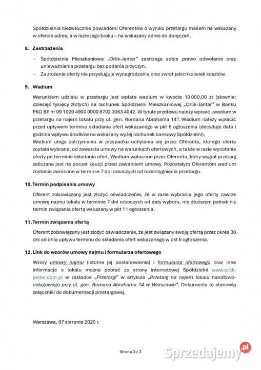 Przetarg na najem lokalu handlowousługowego Warszawa sprzedam